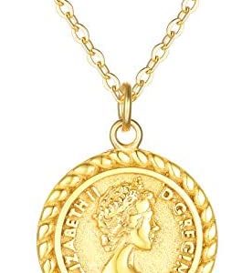 VACRONA Coin Necklace 18k Gold Plated Vintage Textured Medallion Coin Pendant Round Circle Disk Dainty Necklace for Women