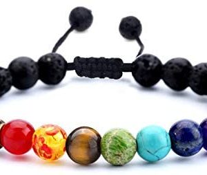 Hamoery Men Women 8mm Lava Rock 7 Chakras Aromatherapy Essential Oil Diffuser Bracelet Braided Rope Natural Stone Yoga Beads Bracelet Bangle